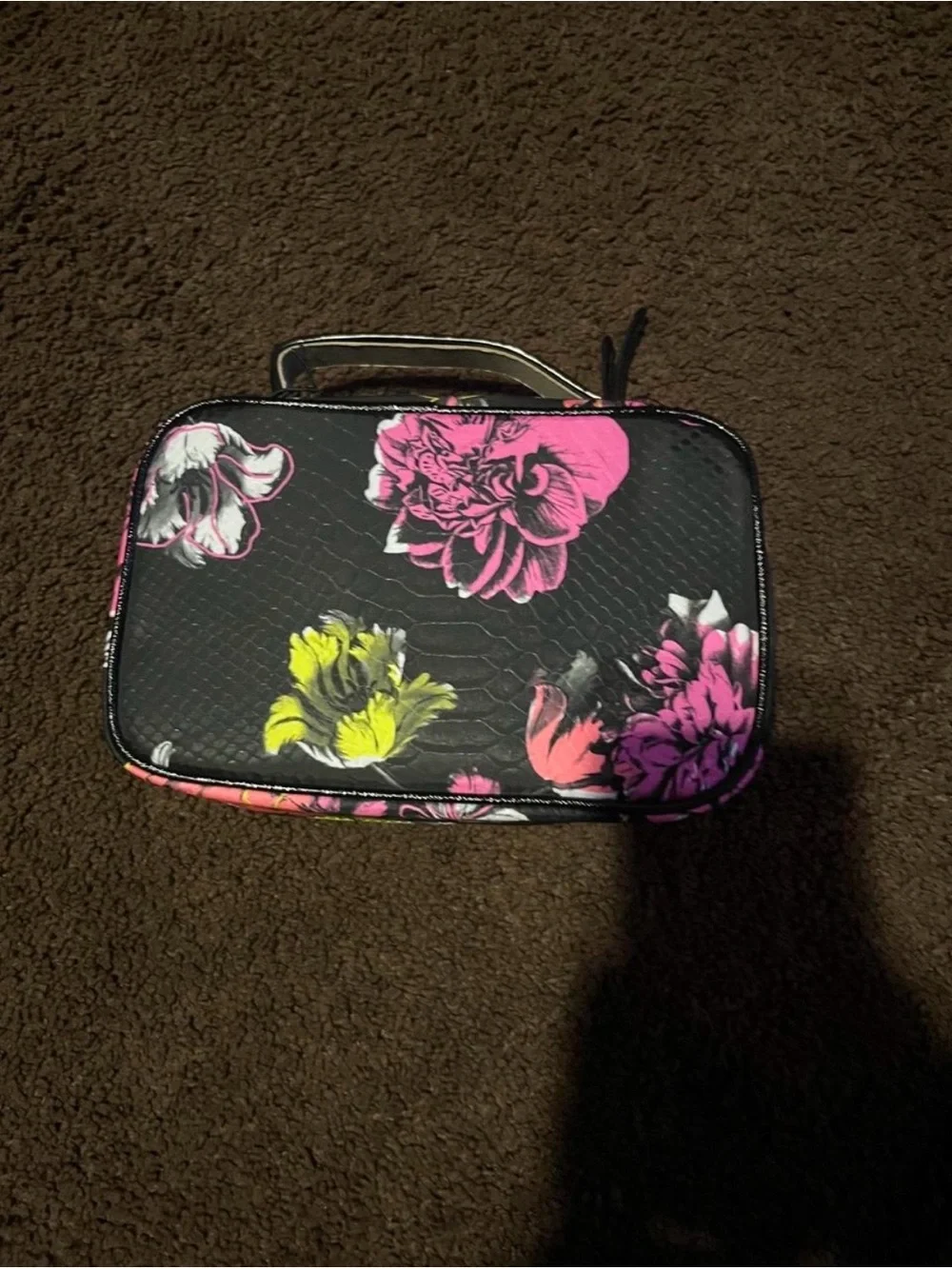 Victoria's Secret Black Floral Cosmetic Case with Pink & Yellow Flowers